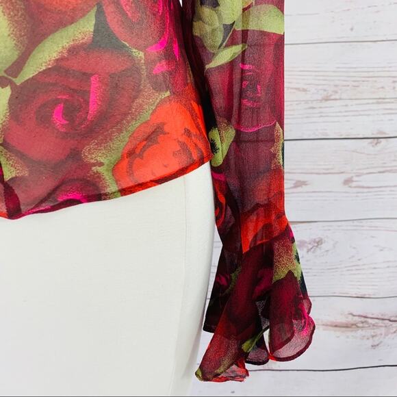 Cache sheer floral rose red black ruffle neck - Picture 4 of 9